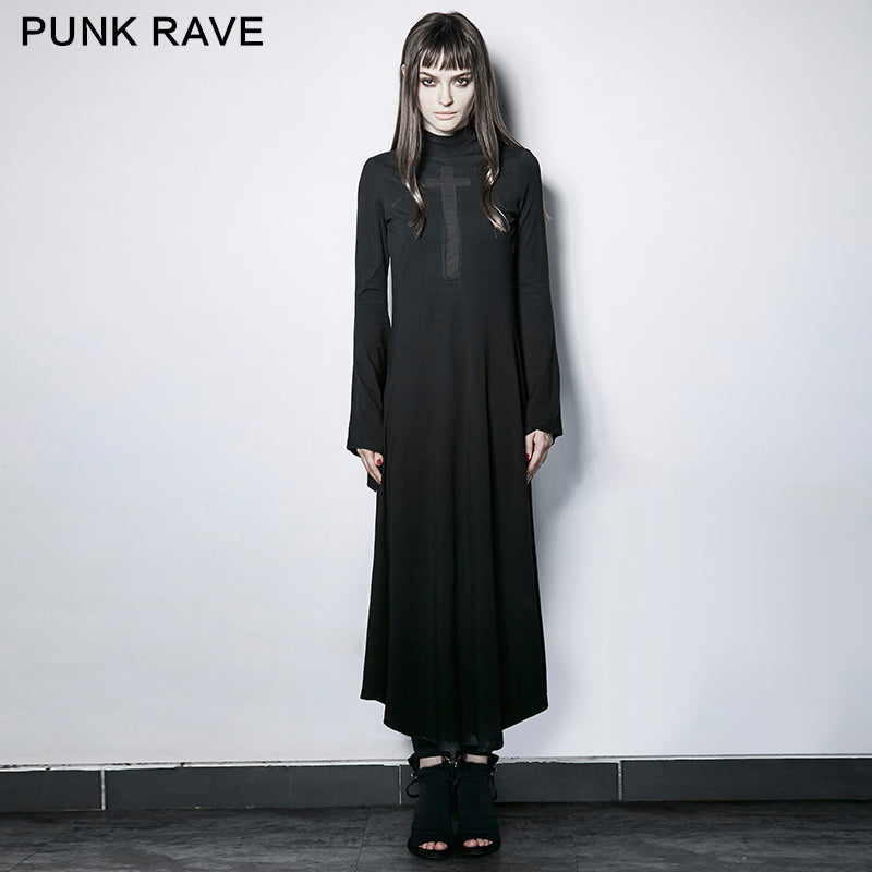 PQ-183 Dark Cross Hollow-out Trumpet Sleeves Slim High Collar Gothic Dresses?-??Punk Rave Clothing