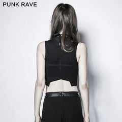 PT-102 Roll Dark Small Stand Collar Cross Minimalist Punk Vest?-??Punk Rave Clothing