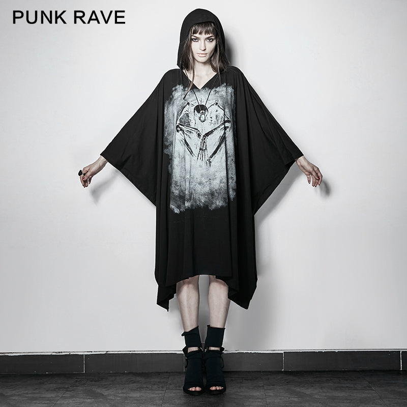 PT-117 black Bone Ghost Film Printing Loose Bat Sleeve Punk T-shirts With Cape?-??Punk Rave Clothing