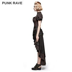 Q-315 Steampunk British Style Coffee Puff Sleeve High Low Punk Dress?-??Punk Rave Clothing