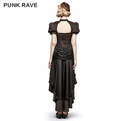 Q-315 Steampunk British Style Coffee Puff Sleeve High Low Punk Dress?-??Punk Rave Clothing