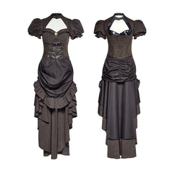 Q-315 Steampunk British Style Coffee Puff Sleeve High Low Punk Dress?-??Punk Rave Clothing