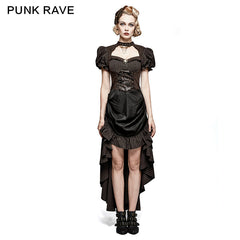 Q-315 Steampunk British Style Coffee Puff Sleeve High Low Punk Dress?-??Punk Rave Clothing