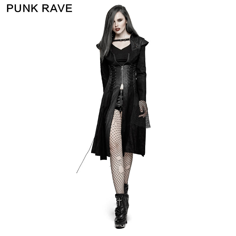 Y-730 Classic Drawstring High Slit Long Punk Coat?-??Punk Rave Clothing