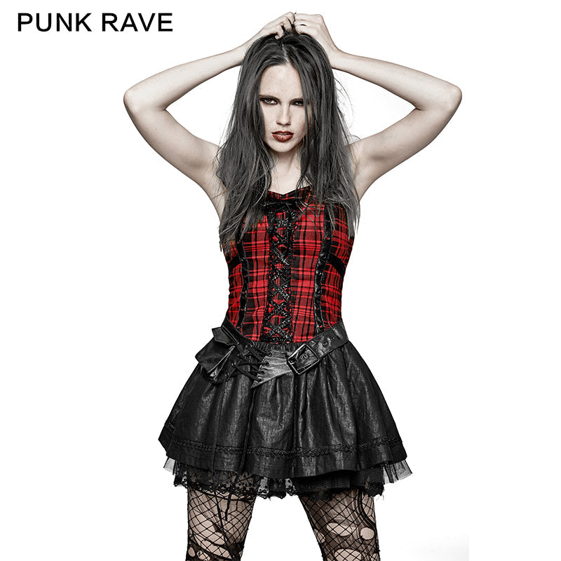 Q-310 A Type Splicing Braces Fluffy Cute Plaid Punk Dress?-??Punk Rave Clothing