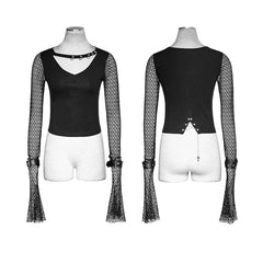T-451 Mesh Long Sleeves Women Skinny Punk T-shirts With V Neck?-??Punk Rave Clothing