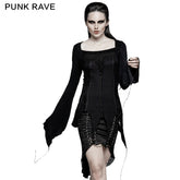 T-452 Asymmetric Hem Square Collar Feminine Gothic T-shirts?-??Punk Rave Clothing