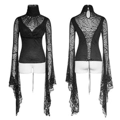 T-449 Spider Web Fabric High Collar Sexy Flare Sleeve Gothic T-shirts?-??Punk Rave Clothing