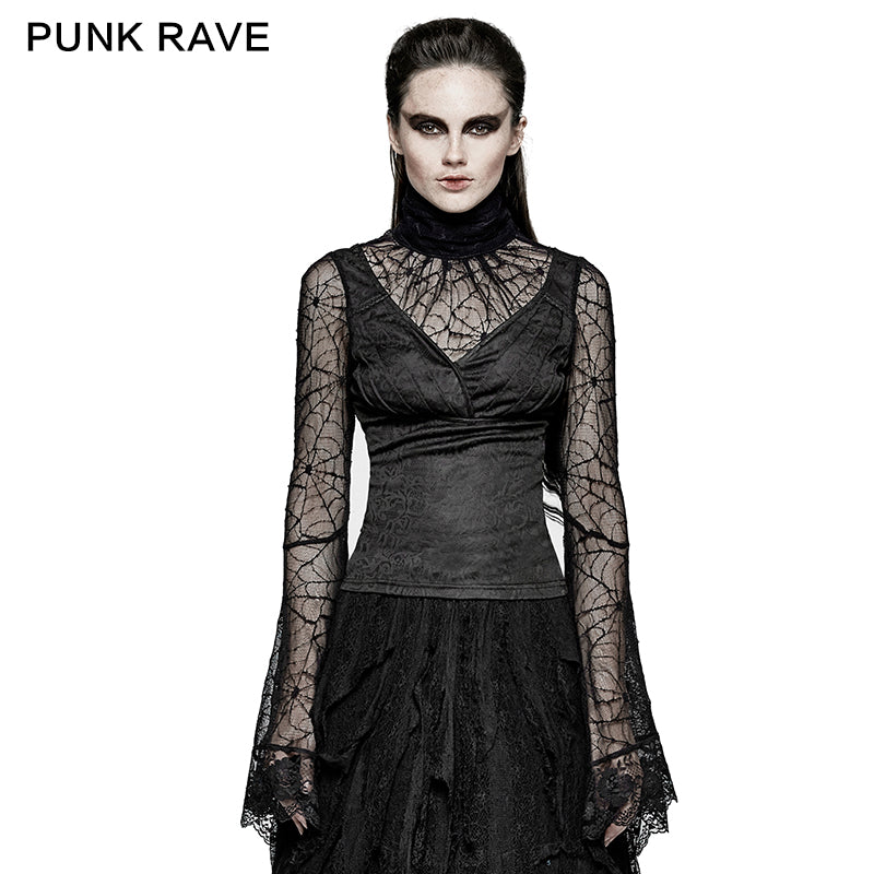 T-449 Spider Web Fabric High Collar Sexy Flare Sleeve Gothic T-shirts?-??Punk Rave Clothing