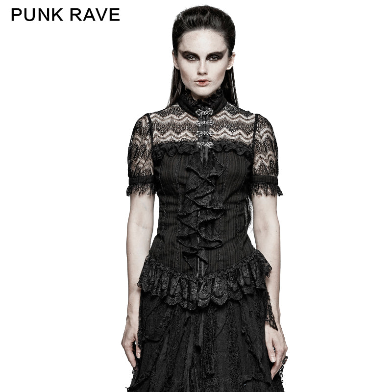 Y-723 Elegant Women 100% Cotton Lace Collar Tunic Ruffle Gothic Shirt?-??Punk Rave Clothing