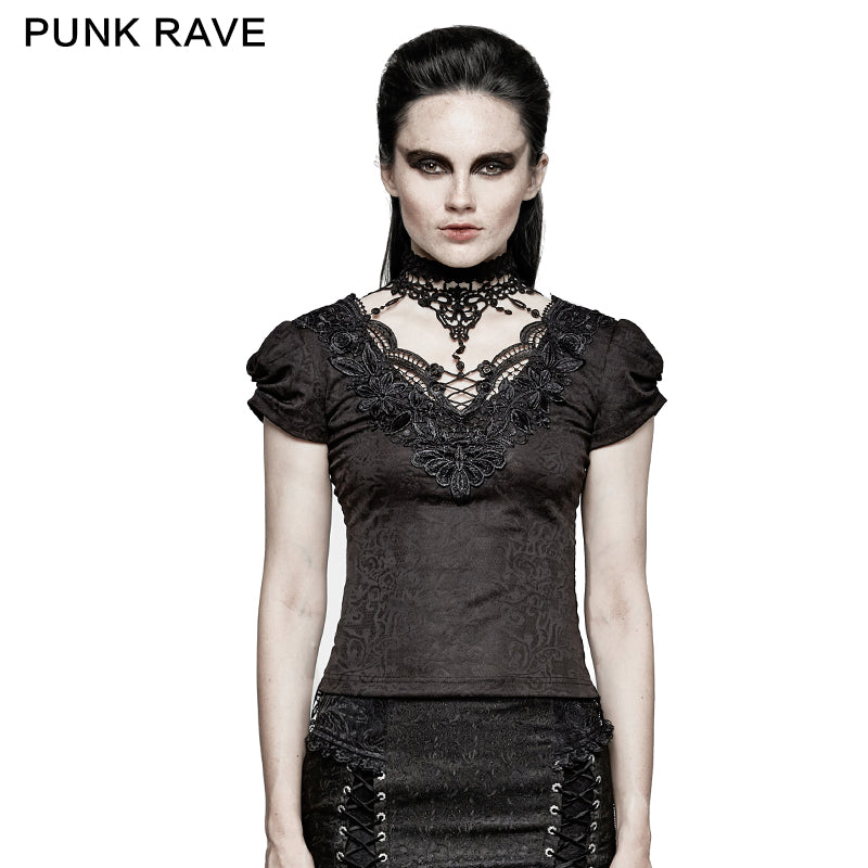 T-454 Swallow Tail Jacquard Short Sleeve Lace Gothic T-shirts?-??Punk Rave Clothing