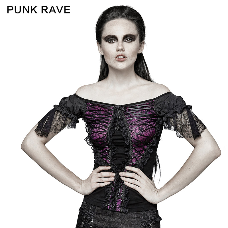 T-446 3 Colors Wide Boat Neck Elegant Party Latin Gothic T-shirts?-??Punk Rave Clothing