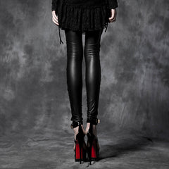 PK-026 black Leather Tight Gothic Pants With Lace?-??Punk Rave Clothing