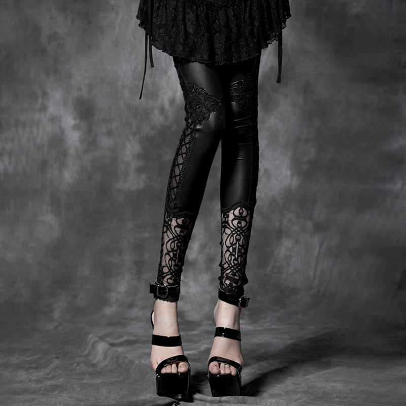 PK-026 black Leather Tight Gothic Pants With Lace?-??Punk Rave Clothing