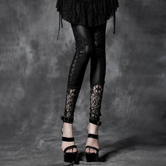 PK-026 black Leather Tight Gothic Pants With Lace?-??Punk Rave Clothing