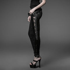 PK-028 black Tight Gothic Pants With Transparent black Mesh And Embroidery?-??Punk Rave Clothing