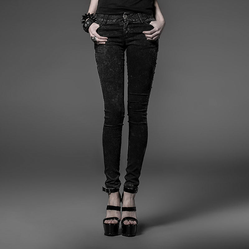 PK-028 black Tight Gothic Pants With Transparent black Mesh And Embroidery?-??Punk Rave Clothing