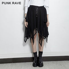PQ-149 Mesh Mature Silk Midi Gothic Skirt With Irregular Hem?-??Punk Rave Clothing
