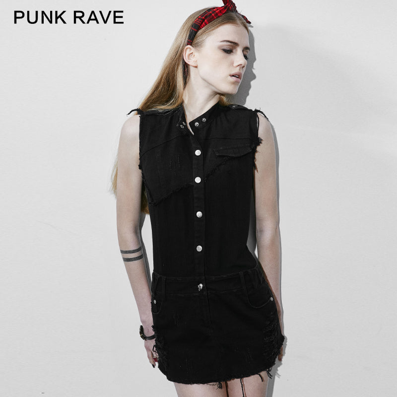 PQ-117 Vintage Torn And Ragged Sleeveless Denim Punk Dress?-??Punk Rave Clothing