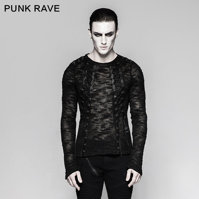 T-474 Lace-up Knitting Hollow Strappy Sweater Punk T-shirts?-??Punk Rave Clothing