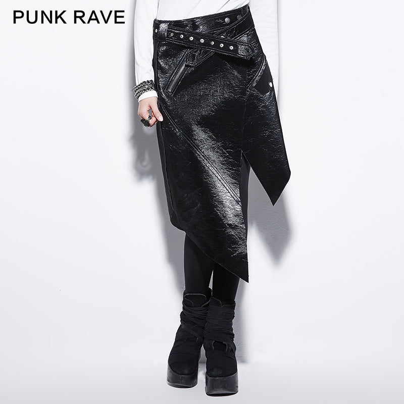 PQ-144 Personality Asymmetric Sexy Shiny Leather Punk Skirt?-??Punk Rave Clothing
