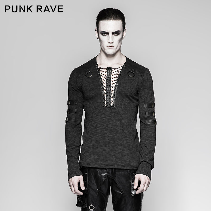 T-462 Chest Strap V-neck Long Sleeve Punk T-shirts?-??Punk Rave Clothing
