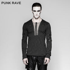 T-462 Chest Strap V-neck Long Sleeve Punk T-shirts?-??Punk Rave Clothing