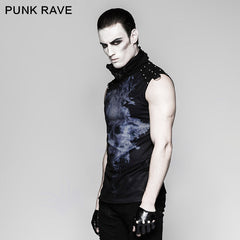 T-470 black Rivets Puff Printing Knitted Collar Men Sleeveless Punk Vest?-??Punk Rave Clothing