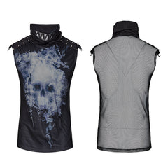 T-470 black Rivets Puff Printing Knitted Collar Men Sleeveless Punk Vest?-??Punk Rave Clothing