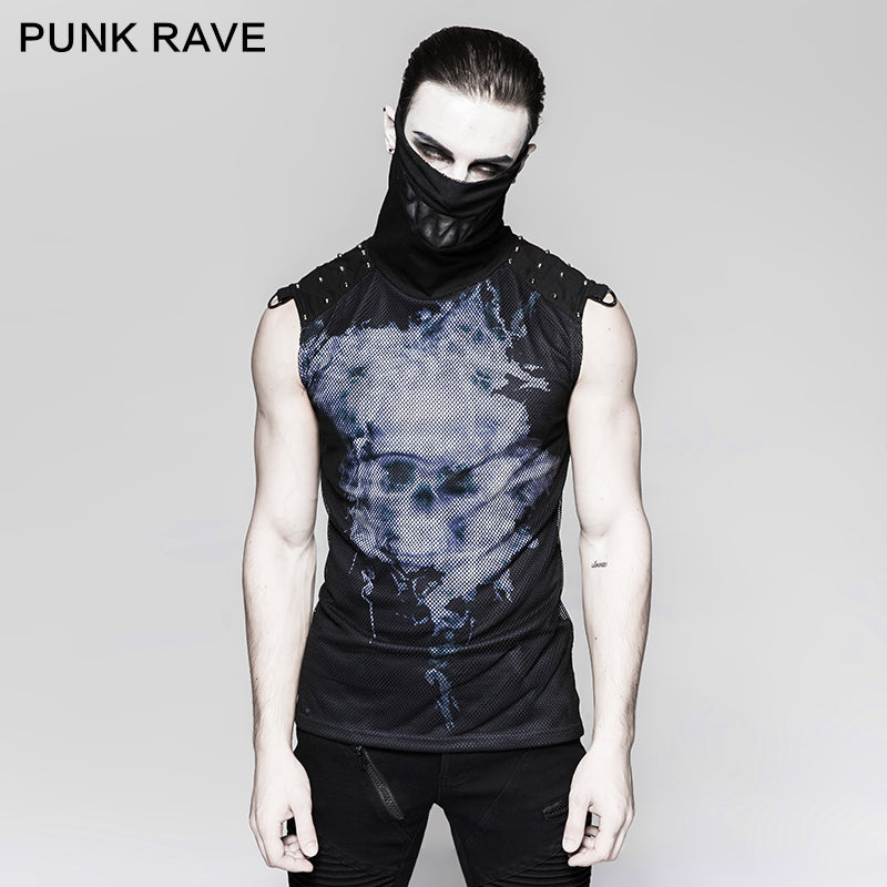 T-470 black Rivets Puff Printing Knitted Collar Men Sleeveless Punk Vest?-??Punk Rave Clothing