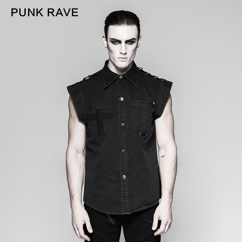Y-762 black Two Pockets Short Sleeves Men Denim Punk Shirts?-??Punk Rave Clothing