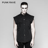 Y-762 black Two Pockets Short Sleeves Men Denim Punk Shirts?-??Punk Rave Clothing