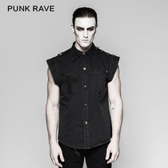 Y-762 black Two Pockets Short Sleeves Men Denim Punk Shirts?-??Punk Rave Clothing