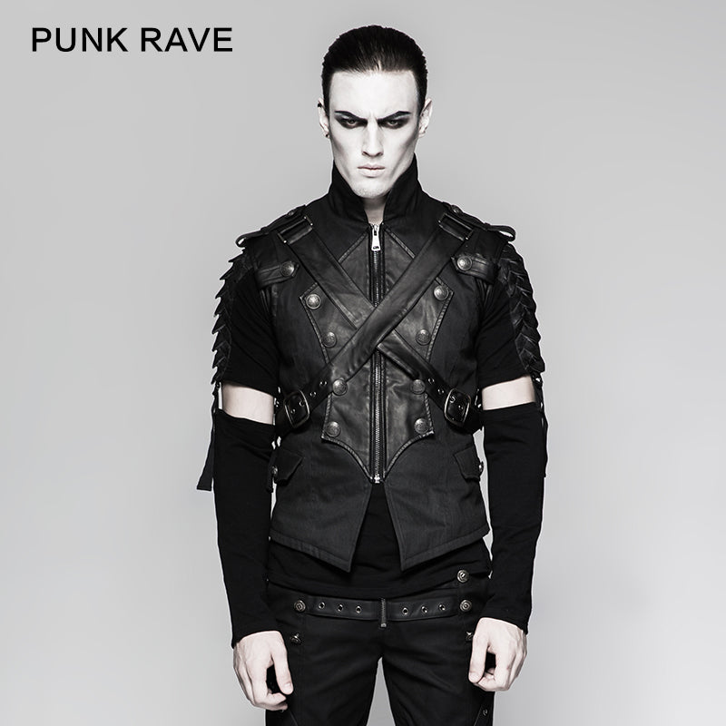 Y-738 Military Uniform Cross Belt Inelastic Laminating Denim Punk Vest?-??Punk Rave Clothing