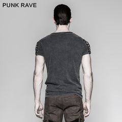T-463 Asymmetric Neck Cotton Punk T-shirts With Hollow DrawString?-??Punk Rave Clothing