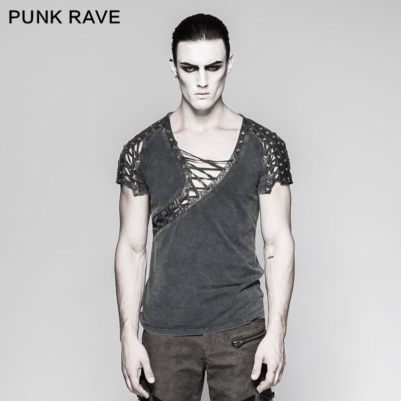 T-463 Asymmetric Neck Cotton Punk T-shirts With Hollow DrawString?-??Punk Rave Clothing