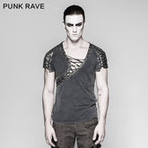 T-463 Asymmetric Neck Cotton Punk T-shirts With Hollow DrawString?-??Punk Rave Clothing