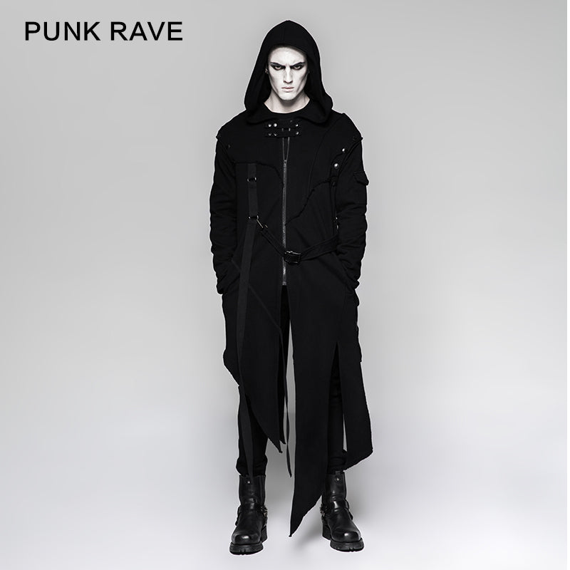 Y-745 black Mens Hooded Long Sweater Punk Jacket With Stripes?-??Punk Rave Clothing