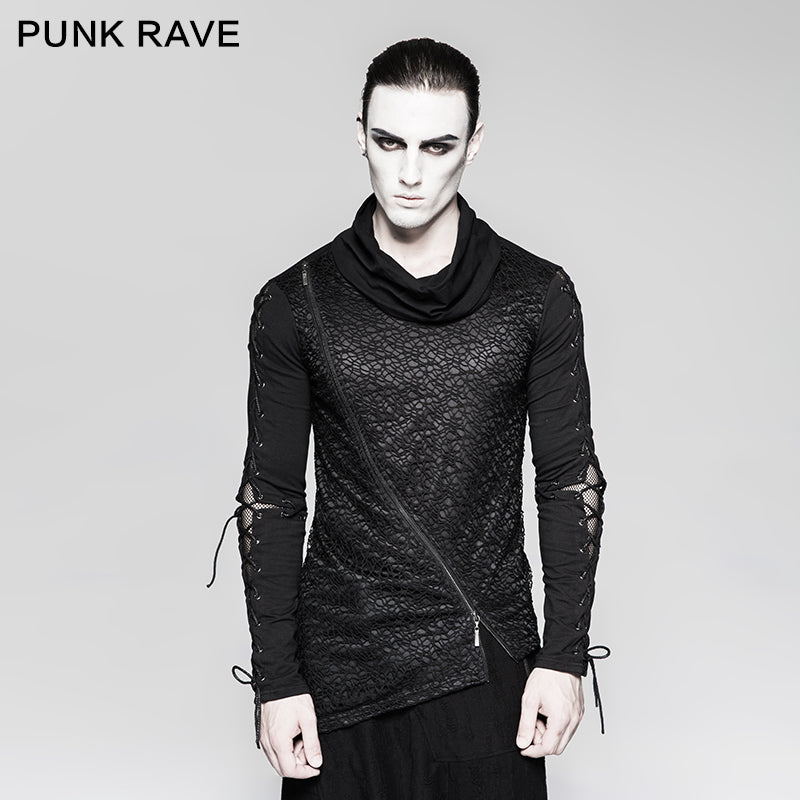 T-472 Rock Zipper High Collar Drawstring Long Sleeve Punk T-shirts?-??Punk Rave Clothing