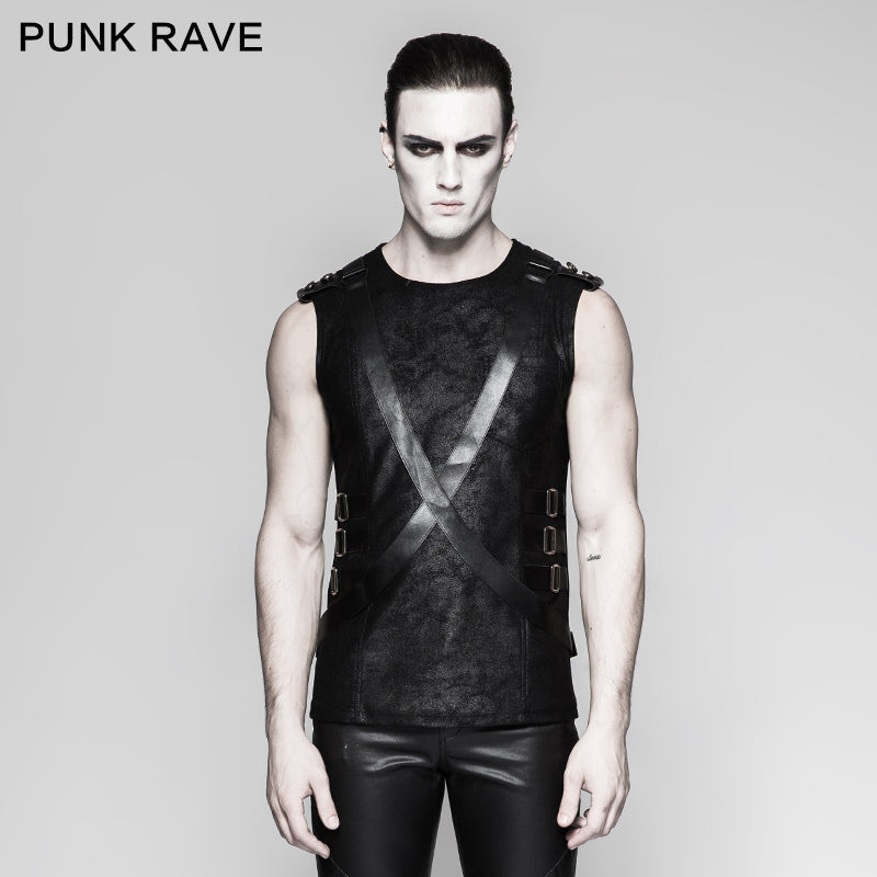 T-464 New Military Leather Straps Sleeveless Men Punk Vest?-??Punk Rave Clothing
