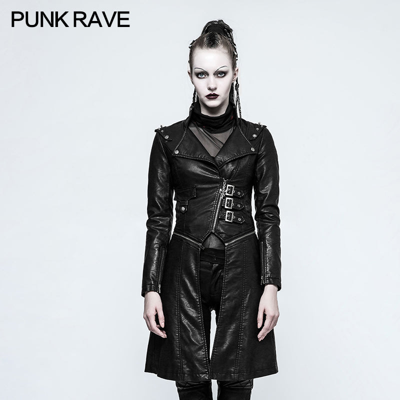 Y-787 Handsome Stand-collar Long Leather Punk Coat For Women?-??Punk Rave Clothing
