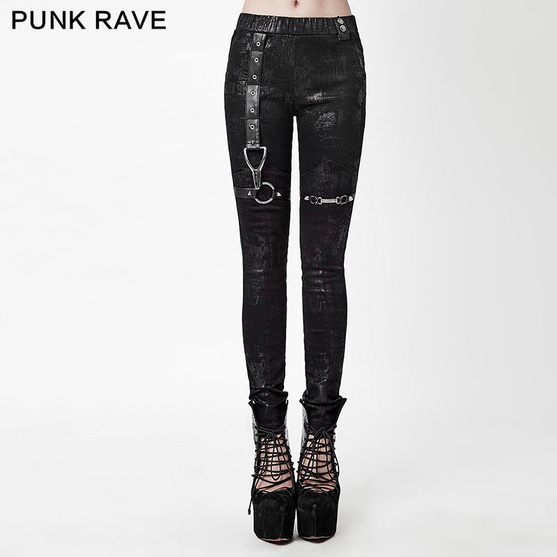 K-232 Winter Sexy Elastic Waist Skinny Punk Pants With Leather Straps?-??Punk Rave Clothing