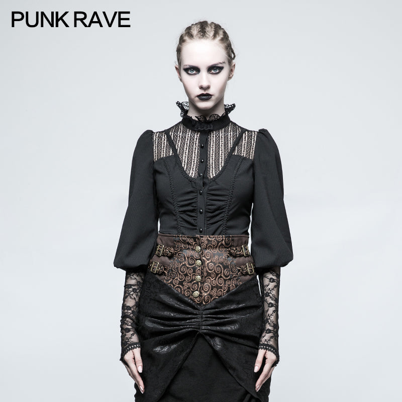 Y-794 Women Stripe Micro-elastic Punk Shirt With Half Lantern Puff Sleeve?-??Punk Rave Clothing