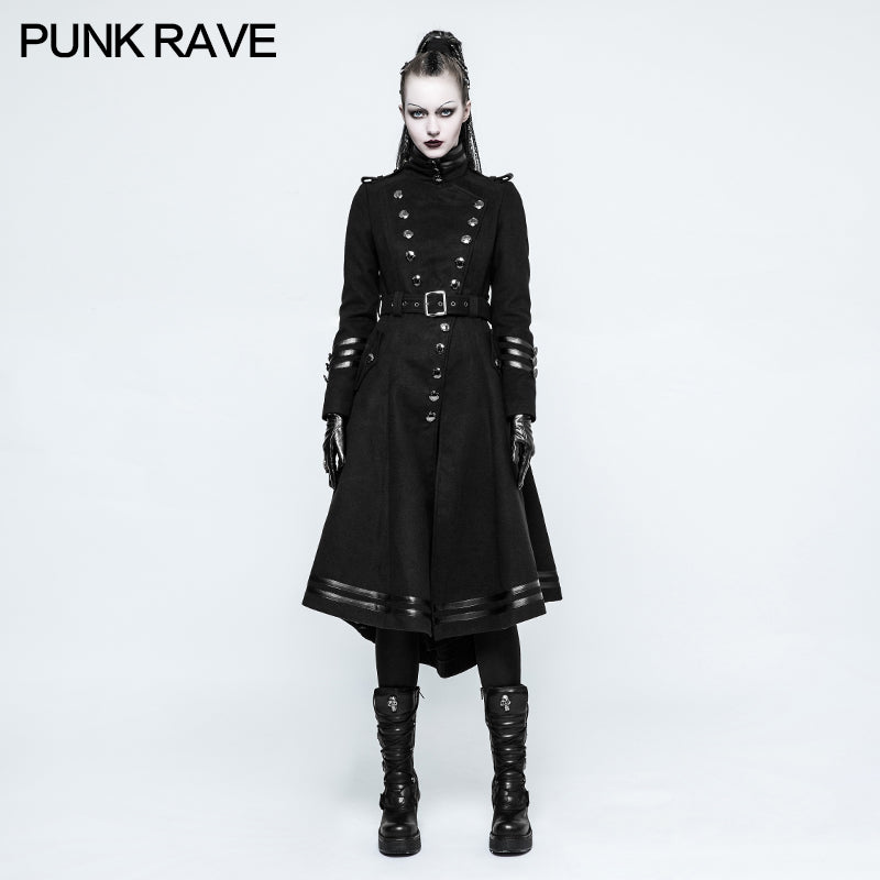 Y-766 Asymmetry Worsted Long Punk Coat Women black Military Uniform?-??Punk Rave Clothing