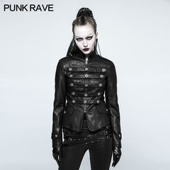 Y-768 Women Short Leather Punk Coat Stand Collar Military Uniform?-??Punk Rave Clothing