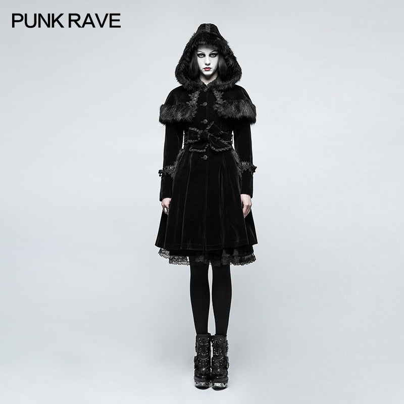 LY-065 Sweet Lolita Style Velvet Hooded Gothic Coat With Tiered Lace?-??Punk Rave Clothing