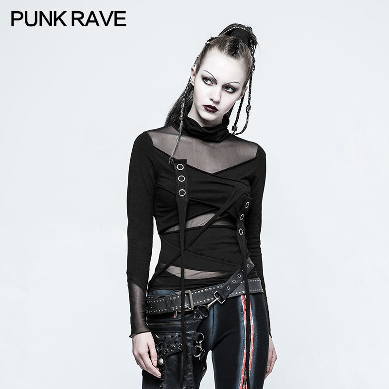 T-480 Skinny Sexy black Mesh Punk T-shirts Tailor Network Mutil Split Design?-??Punk Rave Clothing