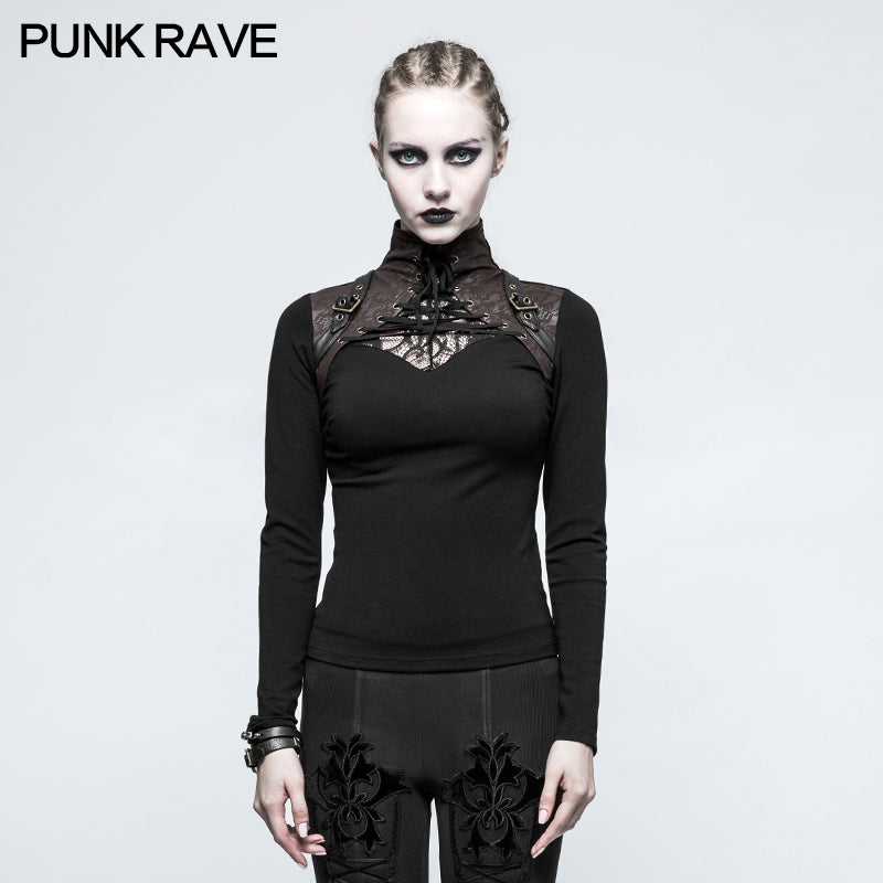 T-476 Steampunk Anti-straps Long Sleeve Punk T-shirts With High Neck Collar?-??Punk Rave Clothing
