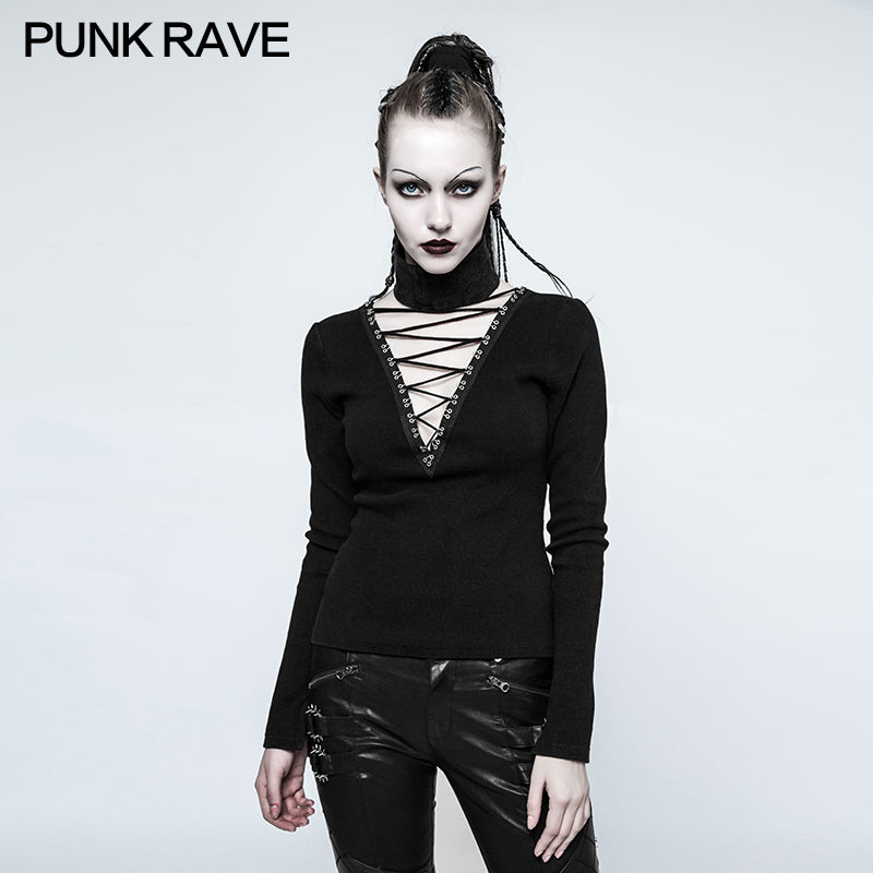 OPT-129 Women Soft Formfitting Two Wear Gothic T-shirts With Hollow-out Rope?-??Punk Rave Clothing