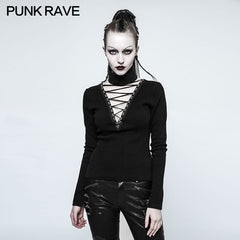 OPT-129 Women Soft Formfitting Two Wear Gothic T-shirts With Hollow-out Rope?-??Punk Rave Clothing
